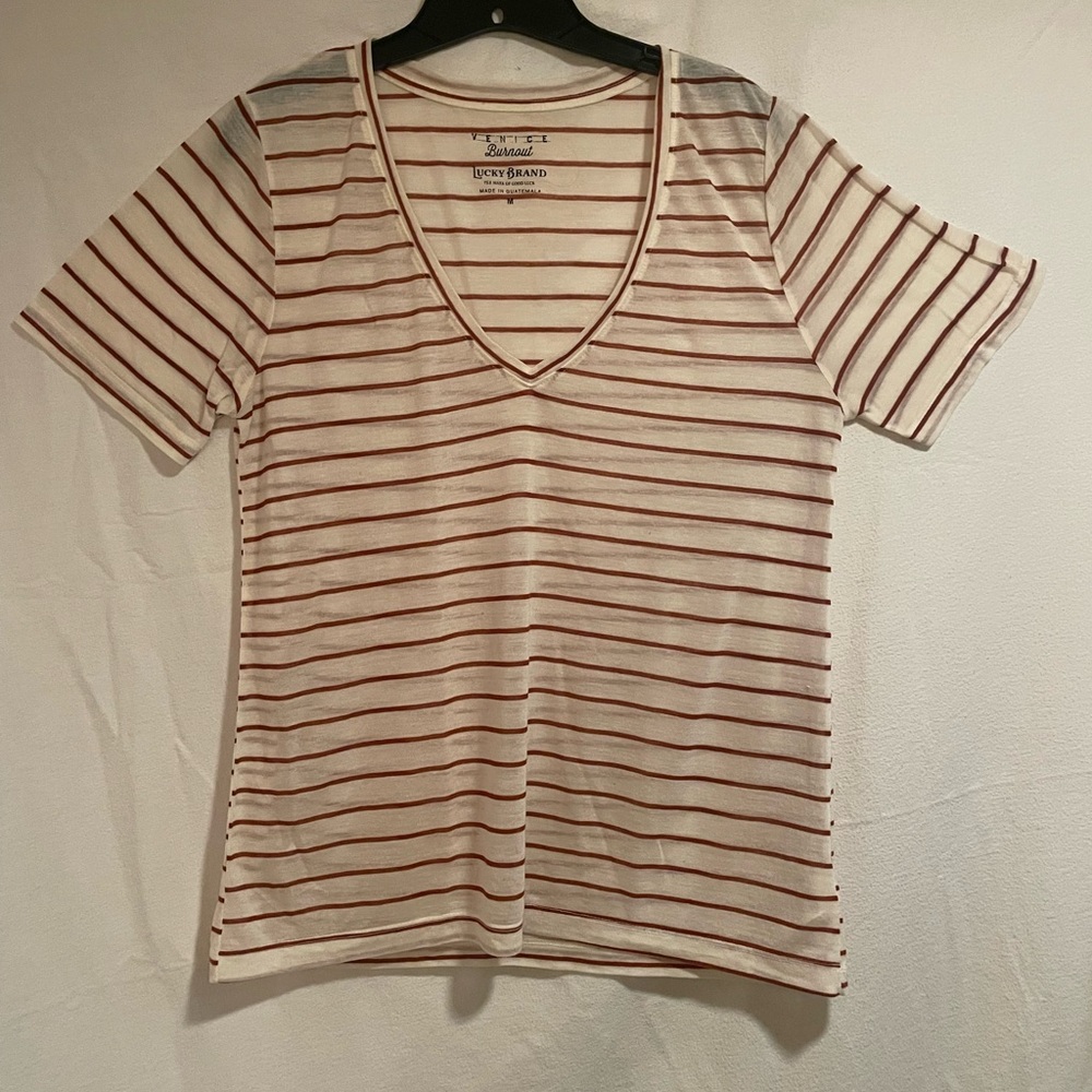 Lucky Brand Women's V-Neck Striped Tee - Red and Cream